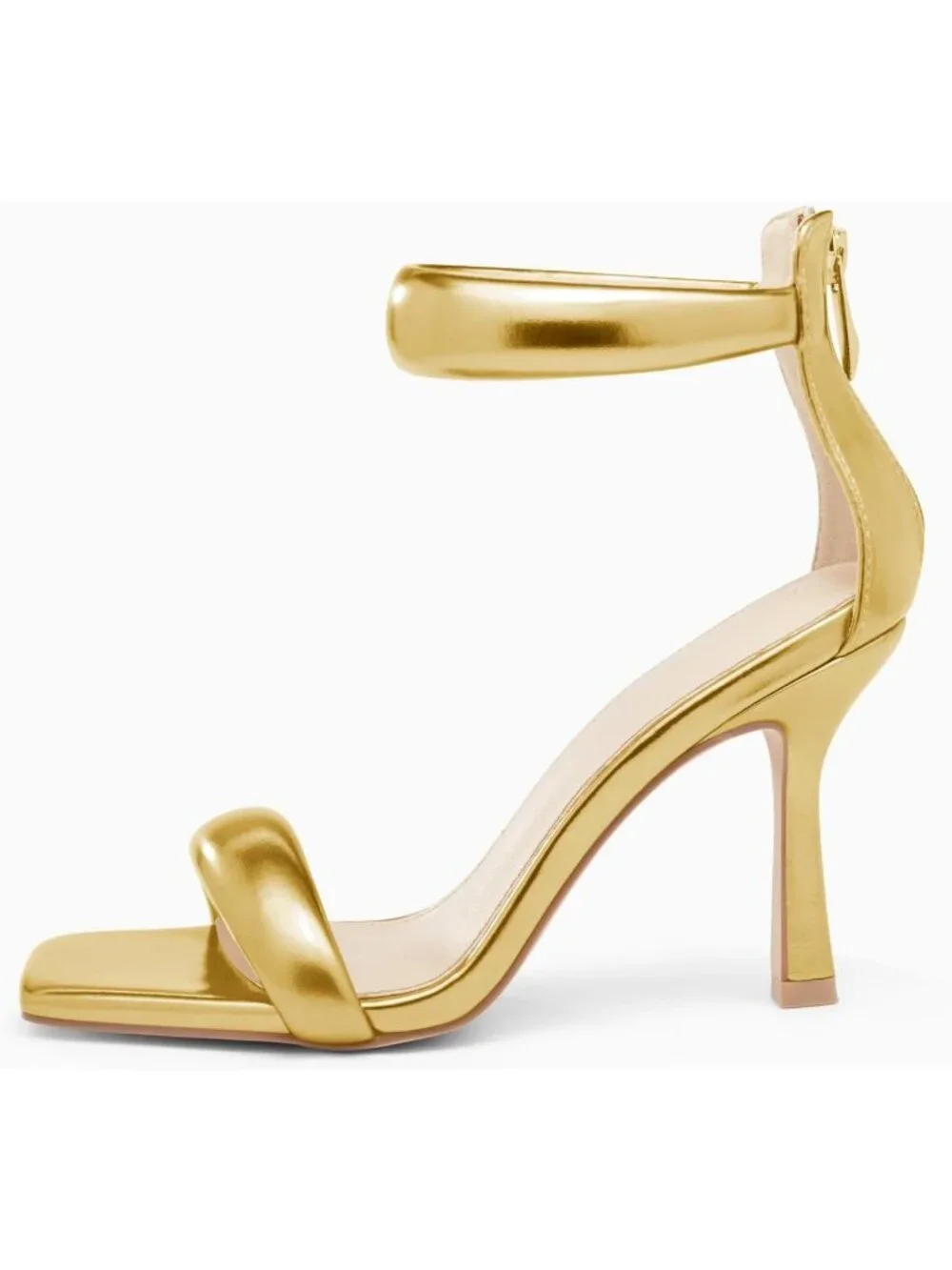 Women's Champagne Gold One Strap Sandals Square Toe Stiletto Heels Casual Shoes